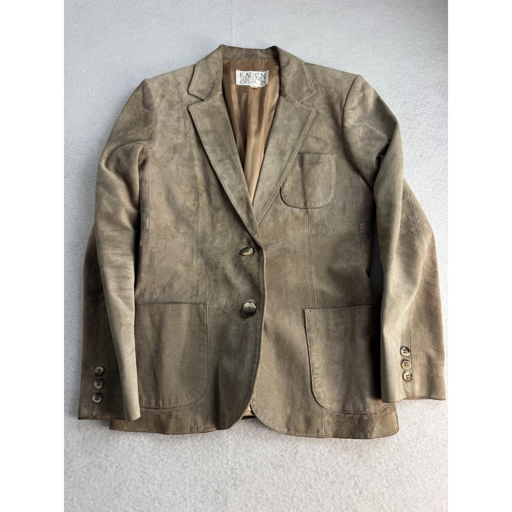 Vintage Karen Silton Blazer Womens 10 Brown Suede Leather Two Button Jacket